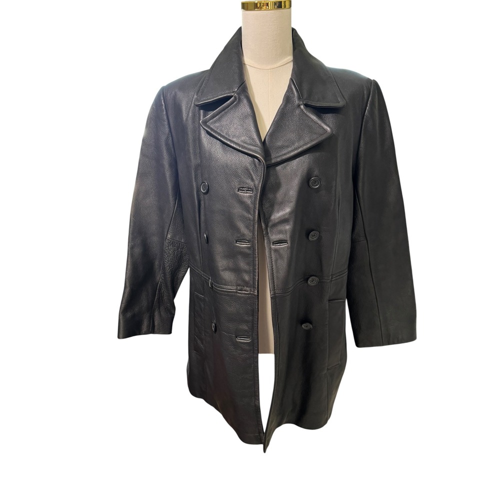 Jones New York Womens Leather Jacket Medium Black Double Breasted Peacoat - Picture 2 of 10